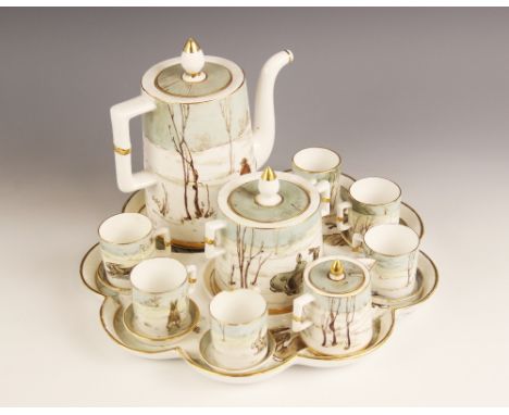 A Davenport Arts &amp; Crafts porcelain cabaret coffee set, late 19th/early 20th century, comprising: a scalloped tray, a cof