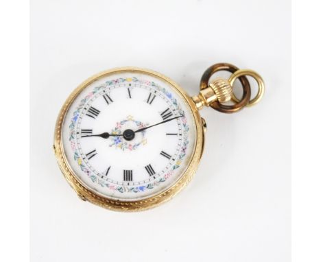 A 19th century continental 14ct gold ladies fob watch, the circular white enamel dial decorated with polychrome floral sprays