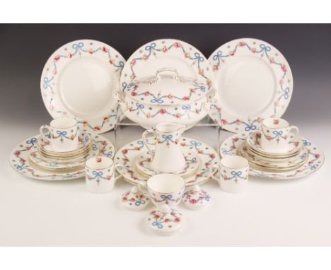 A selection of Crown Staffordshire "Blue Bow" porcelain dinner and tea wares, comprising: a serving bowl and cover, 28cm wide