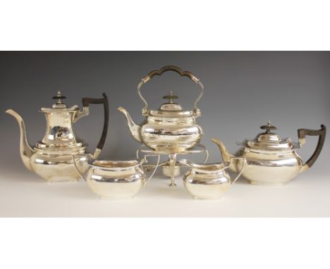 A George V five-piece silver tea and coffee service, Walker &amp; Hall, Sheffield 1919-22, comprising spirit kettle, teapot, 