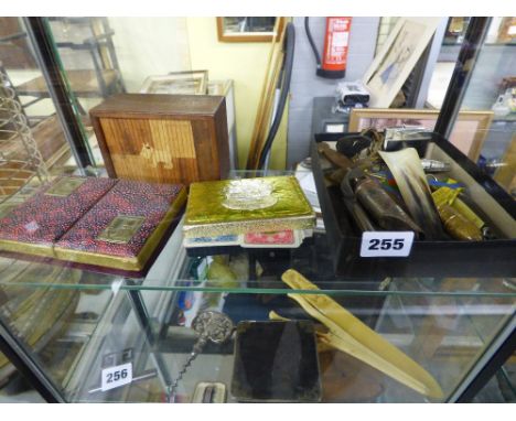 SMALL TRAY OF ASSORTED WHISTLES, LIGHTERS, PLAYING CARDS, MARQUETRY BOX, ETC