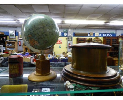 TRENCH ART SHELL CASE CYLINDRICAL BOX, SMALL TERRESTRIAL GLOBE SHOUZ & A MINIATURE RED ENAMEL POST  BOX