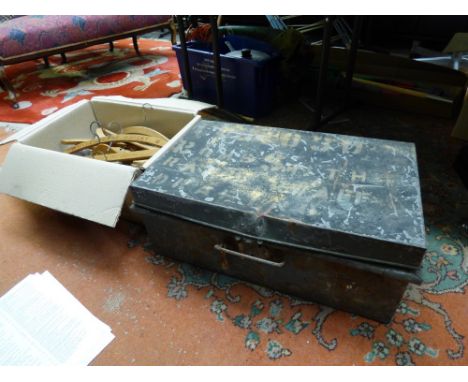 BOX OF LINEN & LACE, ADVERTISING COAT HANGERS & TRUNK