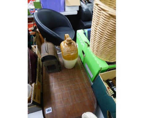 RAILWAY LANTERN, STONEWARE FLAGON, BASKET & SHOVE HA'PENNY BOARD