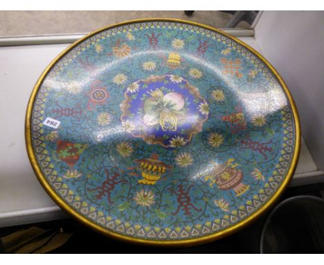 LARGE CHINESE CLOISSONE ENAMEL CHARGER DECORATED WITH FRUIT & FLORAL SWIRLS ON BLUE GROUND