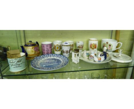 SHELF OF MAINLY ROYALTY COMMEMORATIVE BEAKERS, VICTORIAN CHRISTENING MUG, CRESTED CHINA, VULCANITE VESTA CASE, ETC