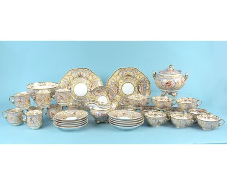 Spode Felspar hand painted part tea set c1830 comprising two sandwich plates, lidded sucrier, milk jug, slop bowl, eleven sau