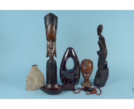 Four African carved wooden figures plus two ceramic vases