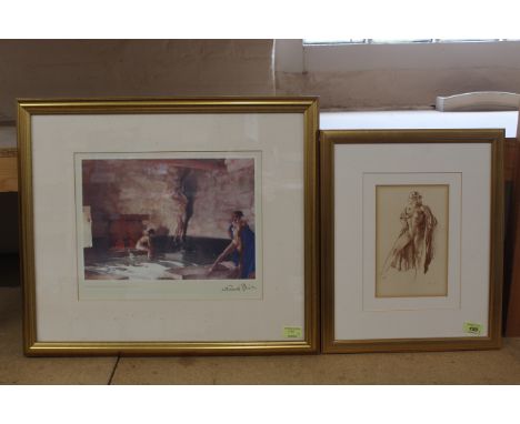 A framed sepia female nude study by Russell Flint plus 'Francine, Maria and Simone' a framed print by Russell Flint
