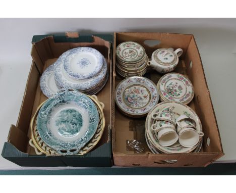 A part Indian Tree pattern dinner/tea service plus Staffordshire soup bowls, dinner plates, dishes etc (two boxes)