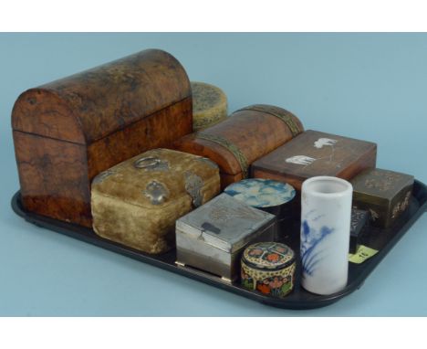 A selection of boxes including a late 19th Century velvet covered jewellery box with white metal mounts, a Victorian burr wal