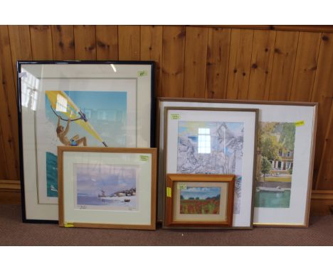 Five framed limited edition prints including David Cadogan waterside scene 389/950, Michael Rolls windsurfer 7/50, Sarah Matt