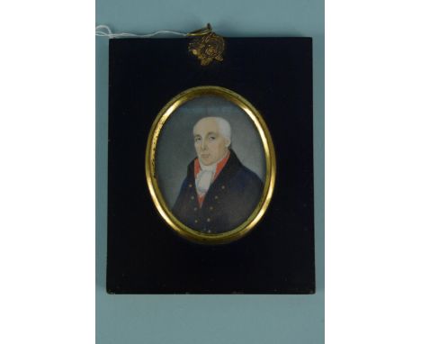 An early 19th Century portrait miniature of a gentleman in the original lacquered papier mache frame, label on verso 'Admiral