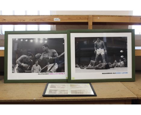 A large framed black and white print of 'Ali/Frazier Thrilla in Manila' and Muhammad Ali/Sonny Liston, four framed prints of 
