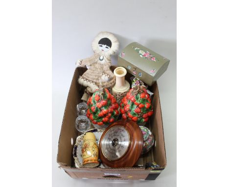 A mixed box of ceramics and wood ware including barometer, Italian ceramic centre pieces etc