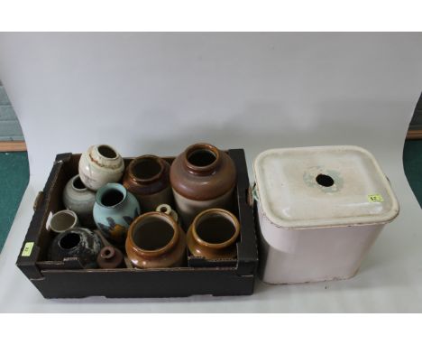 A box of mixed stoneware jars etc plus an enamel bread bin