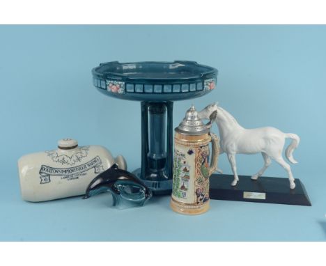 An Austrian Eichwald Art Nouveau pottery fruit stand, a Beswick 'Spirit of Fire' horse figurine plus a German pottery stein, 