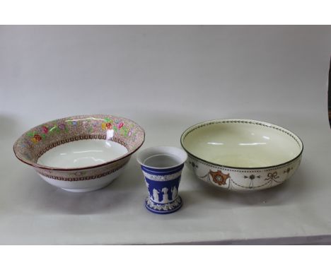A Copeland Spode large wash bowl (hairline crack) plus a Doulton Albany pattern example and a Wedgwood Blue Jasper vase