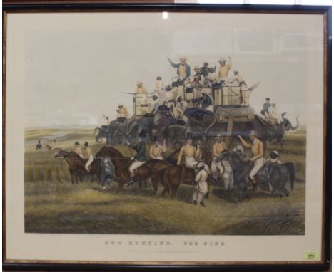 A framed print 'Hog Hunting, The Find', depicting a hunting scene in India with elephants and named huntsmen, 53cm x 74cm