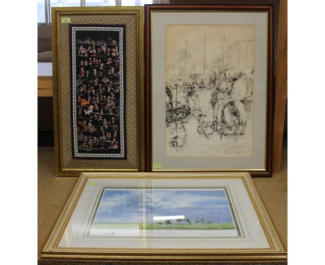 A framed print in pen and ink by Drew '85 plus a Chinese framed silk