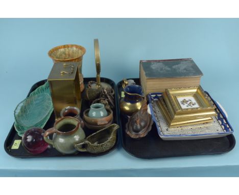 A mixed lot including a 1909 copy of Mrs Beeton's Book of Household Management, brass items including a mantel clock, decorat
