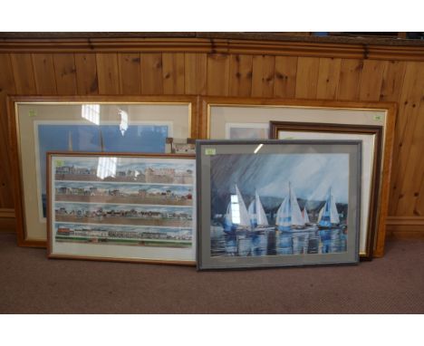 A large group of nautical themed pictures including two America's Cup Artist signed prints 58cm x 40cm, a yacht print, a limi