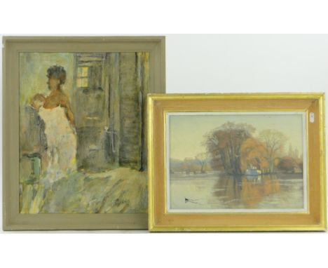 Oil on board, woman in a bedroom, signed with initials BP, 17" x 14", and 2 other oil paintings by different hands, framed, (