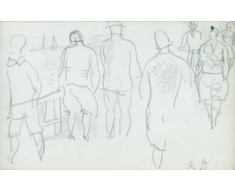 French School,
pencil drawing, figures on a promenade, signed with initials R D, 4" x 6", framed.