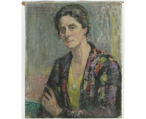 Mary Ethel Hunter (1878-1936),
oil on canvas, portrait of Miss D F Hunter, First Headmistress of Bedgebury Park 1920-32, sign