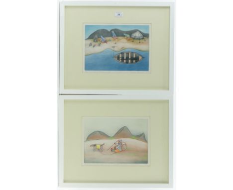 Elisapee Isulutak (Inuit),
set of 3 coloured etchings, hunting scenes, all signed in pencil dated 1990, from an edition of 50