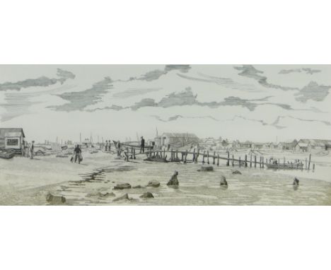 R Ann Le Bas,
a line engraving, Walberswick Ferry, signed in pencil, no. 23/200, p 8" x 18", framed.