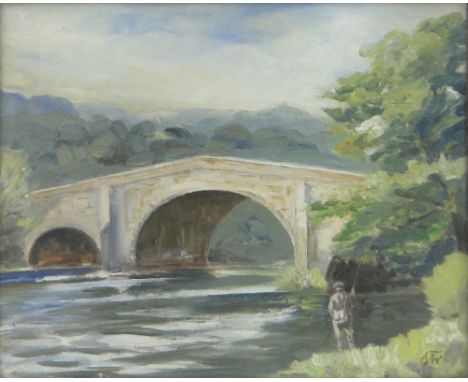Norman Wilkinson,
oil on board, angler by a stone bridge, signed with monogram, 13" x 16.5", framed.
