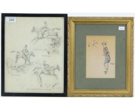 Snaffles,
a sheet of pencil horse racing and hunting caricatures, signed, 11" x 8.5" together with 2 Snaffles prints.