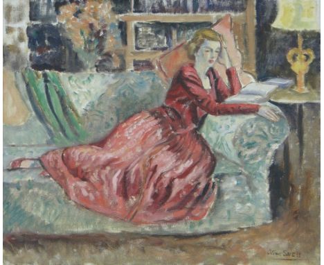 Olive Snell (1888-1962),
oil on canvas, woman reclining on a sofa, signed, 20" x 24", framed.