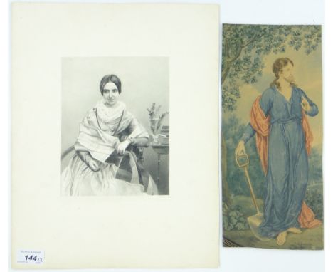 19th century watercolour, study of Christ, unsigned, 12" x 5.5" and a monochrome watercolour, portrait of a woman, unsigned, 