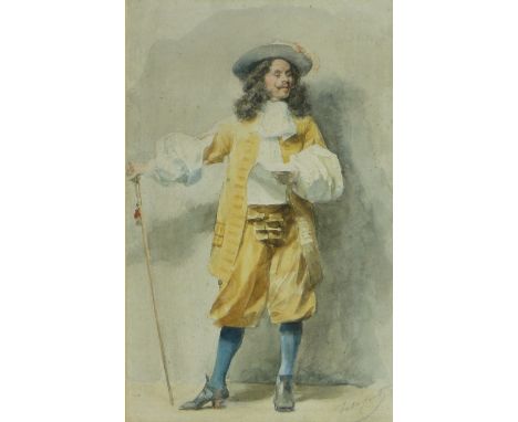 19th century watercolour, genre portrait of a Cavalier, indistinctly signed, 10" x 6.5", framed.