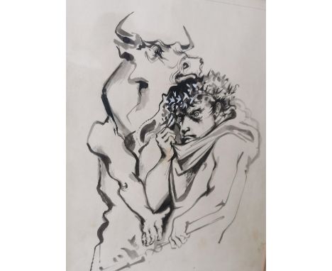 Michael Ayrton (1921-1975), ink on paper portrait study: Penthius and Dionysis, framed and glazed. Labels to the reverse. H.5