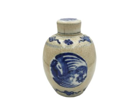 A Kangxi blue and white ginger jar, crane decoration with four character mark to base. H.14cm.