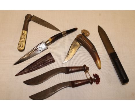 A selection of various collector's knives including a Corsican folding vendetta knife with 3½" etched blade, unusual folding 
