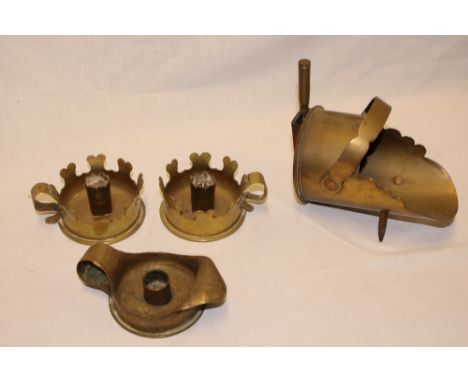 Four pieces of First War trench art including two 1915 dated brass shell case chamber candlesticks, similar 1915 chamber cand