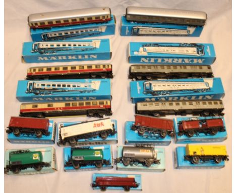 A selection of Marklin HO gauge boxed carriages and goods wagons 