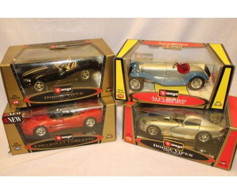 Four Burago 1:18 scale die-cast vehicles including Dodge Viper, Alpha Romeo, Chevrolet Corvette etc (4) 