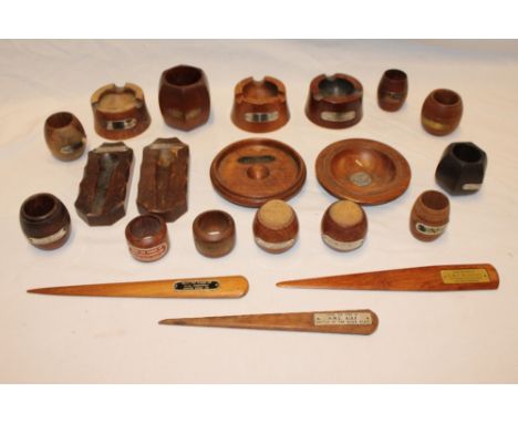 A large selection of teak Naval memorabilia, each with name plaques from various ships including a pair of ashtrays from HMS 