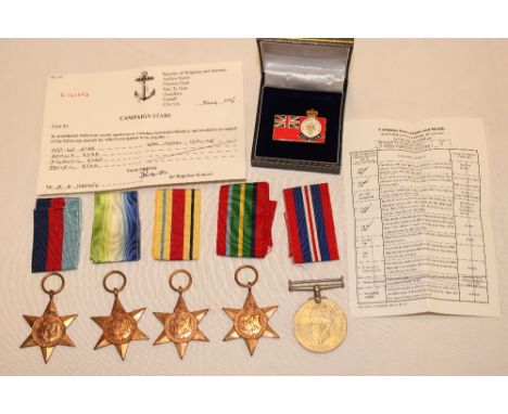 A 1939/1945 star, Africa star, Atlantic star, Pacific star and 1939/1945 war medal in box of issue with slips awarded to R. A