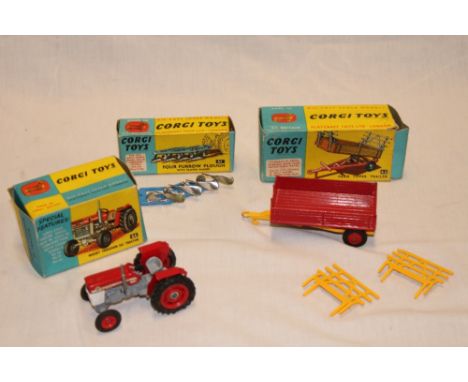 A Corgi Toys 66 Massey-Ferguson 165 tractor in original box and two Corgi Toys boxed implements including farm tipper-trailer