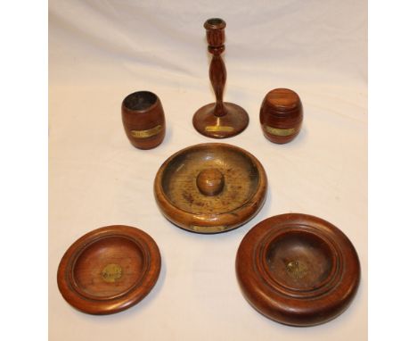 Six pieces of teak Naval memorabilia all constructed from the teak of HMS Terrible whose guns relieved Ladysmith, each bearin