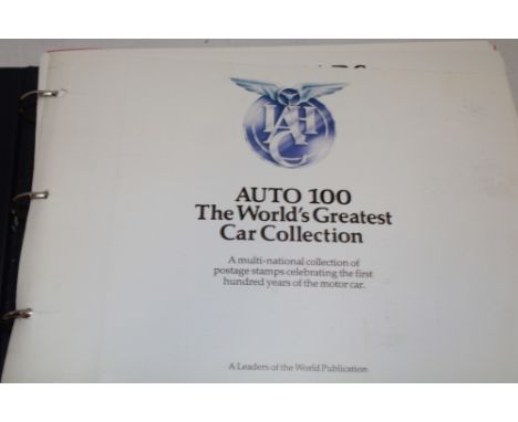 An album containing One Hundred Years of the Automobile collection of mint postage stamps and mini sheets relating to automob