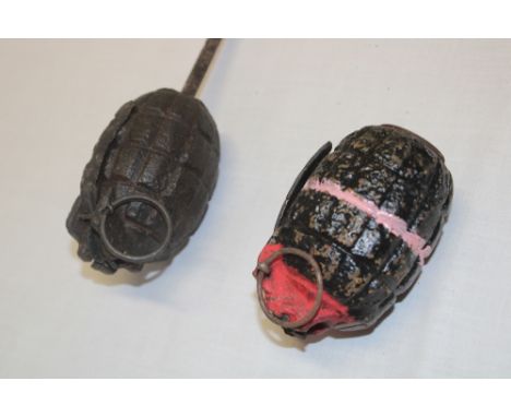 A First War inert British Mills rifle grenade with part stem and one other inert First War Mills grenade (2) 