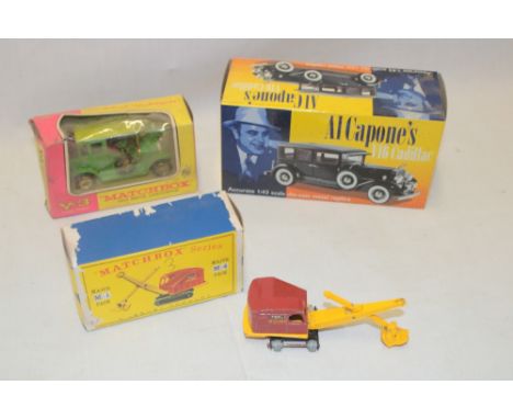 A Matchbox M4 crane in original box, Matchbox Y3 1910 Benz limosine in original box and a modern Al Capone's die-cast Cadilla