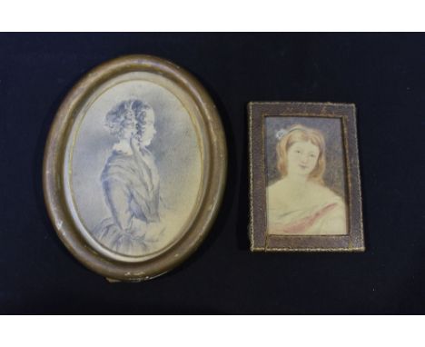 Two 19th century portrait miniatures of young ladies, one painted en-grisaille in oval frame, the second on watercolour, in r